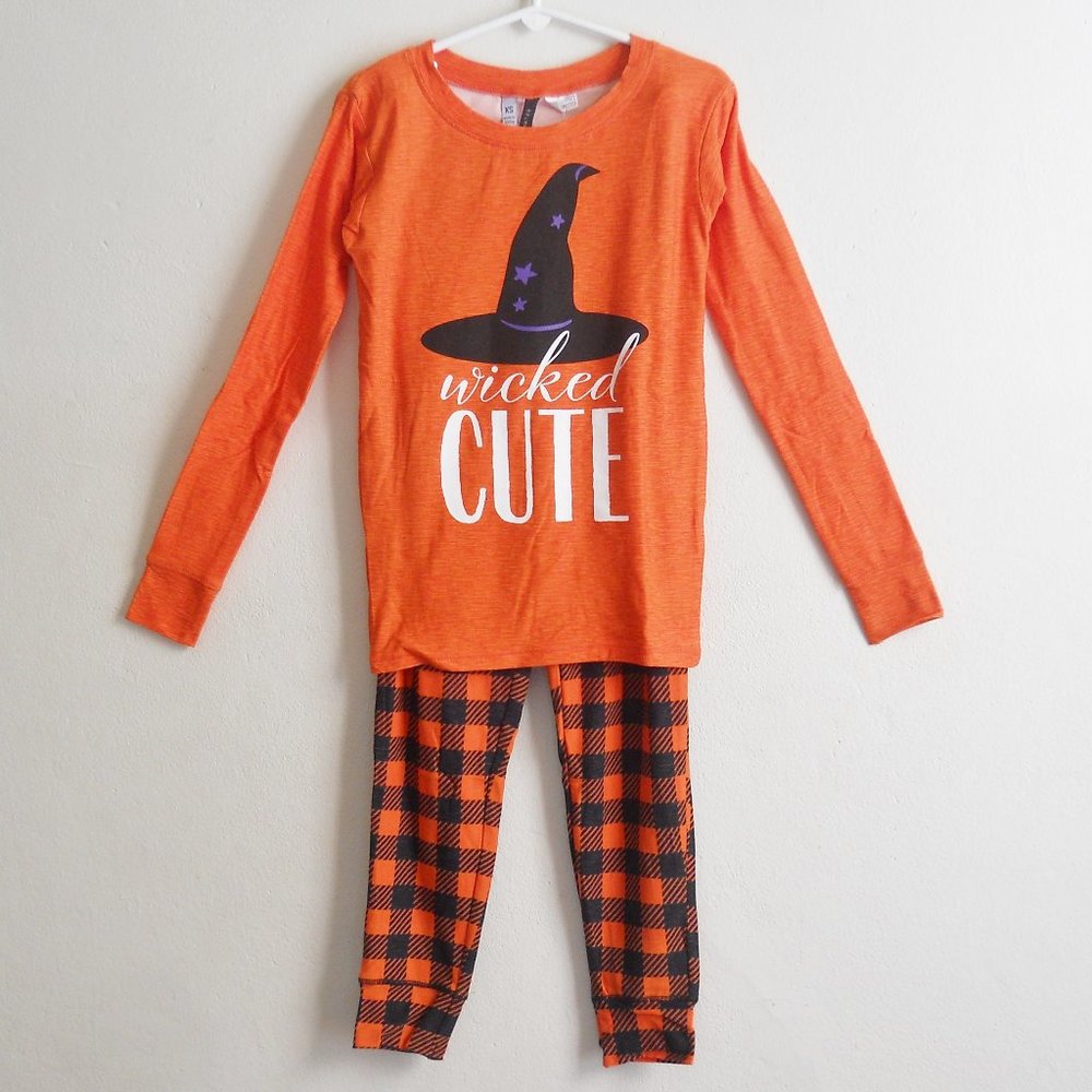 Girls Pajamas, Multiple Sizes, Orange Top, Plaid Bottom, Knit